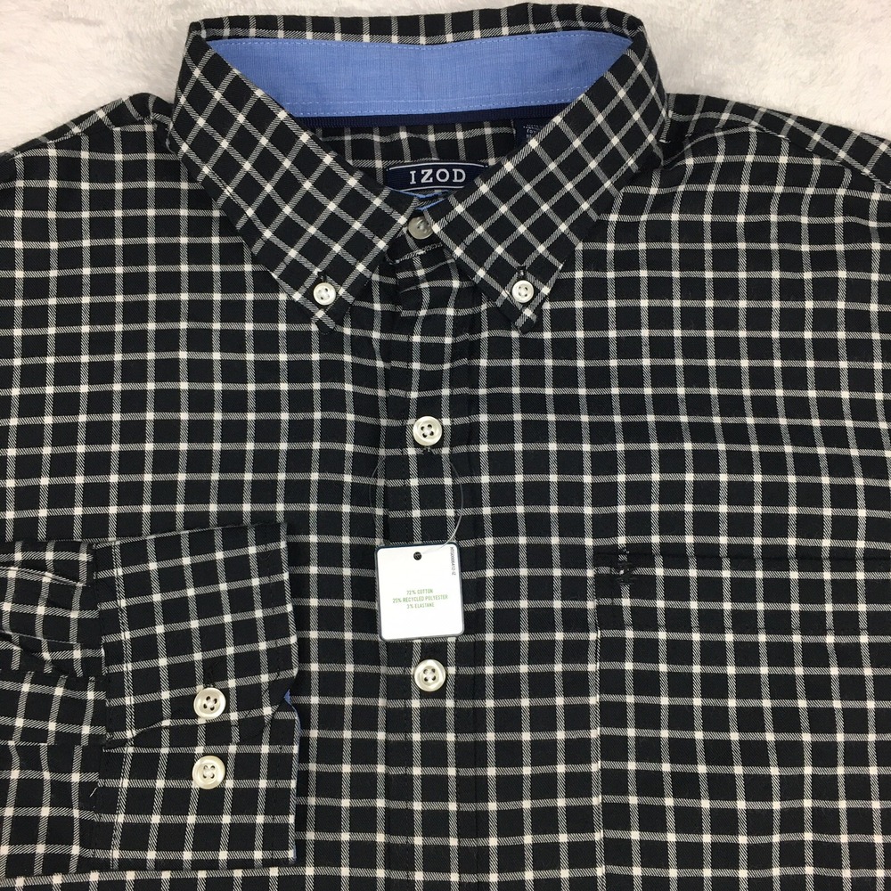 IZOD Shirt Mens Large Black/White Checks Soft Touch Long Sleeves NEW!